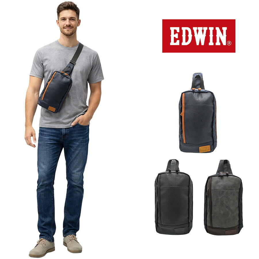 EDWIN コンビ 合皮 縦型ボディバッグ ショルダーバッグ 斜め掛け 斜め掛けバッグ 普段使い 使いやすい メンズ 父の日 ギフト プレゼント ブラック 22269305