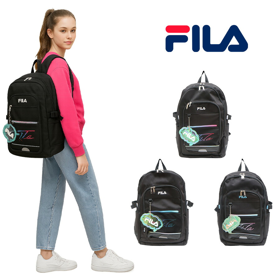 【FILA】リュック 大容量 フィラ 7851 リコル デイパック 35L オーロラ素材 チャーム付き 撥水 グラデーション オリジナルロゴ スクール リュック バックパック スクバ ラウンドリュック 学生 中学生 高校生 かわいい おしゃれ シンプル使いやすい 入学 ブラック