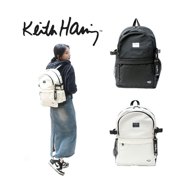 【KeithHaring】リュック 大容量15712 ラウンドバックパック26L  鞄 カバン 通学 スクール キースヘリング ユニセックス ブラック ストリート 普段使い 大容量 高校生 大学生