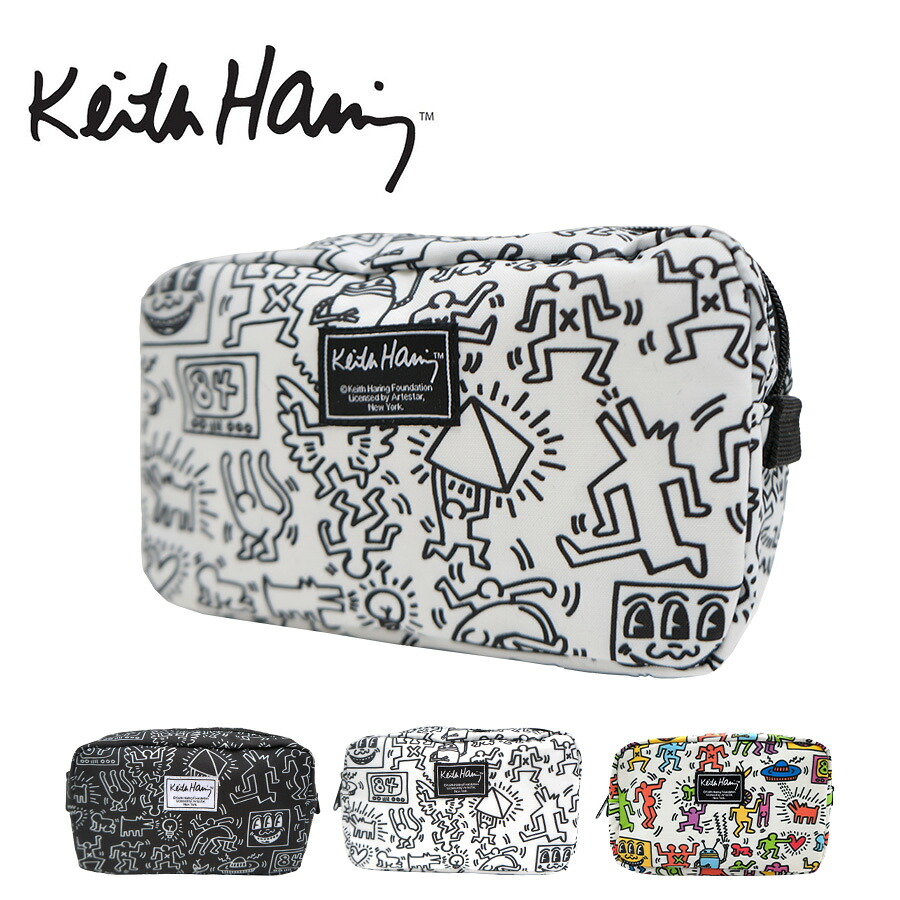 【KeithHaring】15800 ボックスポーチ ポーチ 小物入れ 化粧ポーチ キースヘリング ユニセックス 男女兼用 ブラック ホワイト 使いやすい かわいい ストリート 普段使い 学生 中学生 高校生 大学生