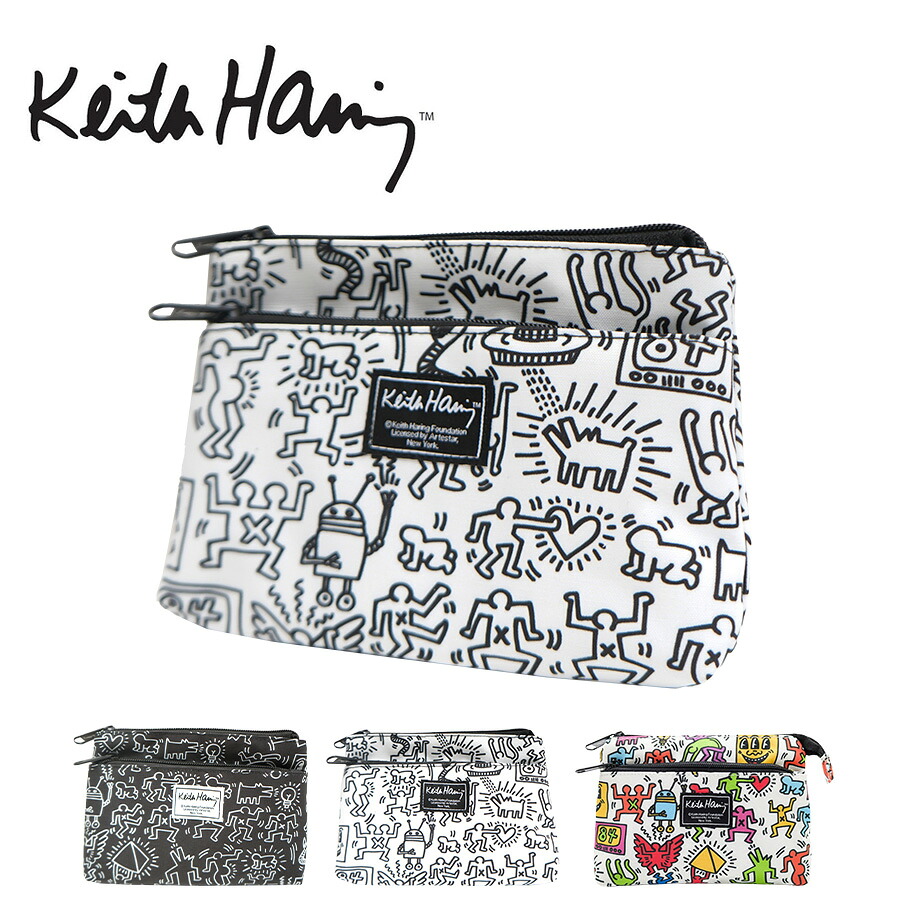 【KeithHaring】15801 フラットポーチ ポーチ 小物入れ 化粧ポーチ キースヘリング ユニセックス 男女兼用 ブラック ホワイト 使いやすい かわいい ストリート 普段使い 学生 中学生 高校生 大学生