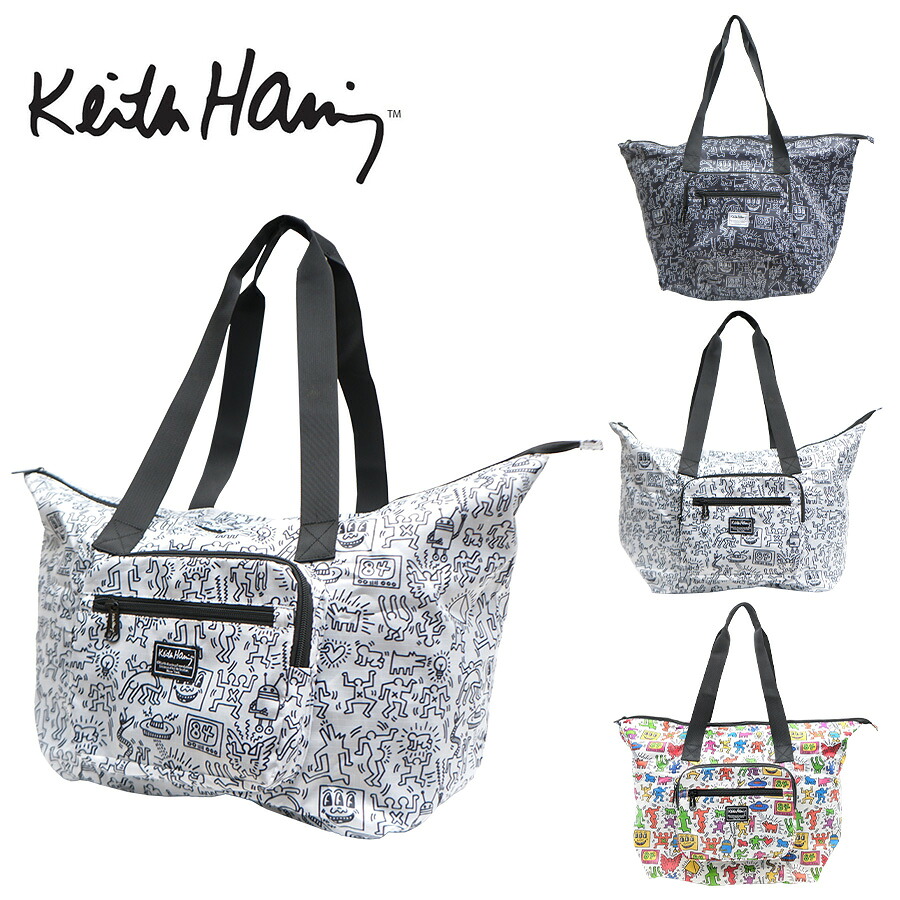 【KeithHaring】15802 パッカブルトートバッグ 鞄 トート 持ち運び サブバッグ キースヘリング ユニセックス 男女兼用 ブラック ホワイト 使いやすい かわいい ストリート 普段使い 便利 中学生 高校生 大学生