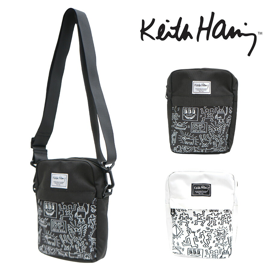 【KeithHaring】15804 縦型ショルダーバッグ 鞄 ショルダー 斜めがけ 軽量 キースヘリング ユニセックス 男女兼用 ブラック ホワイト 使いやすい かわいい ストリート 普段使い 便利 中学生 高校生 大学生