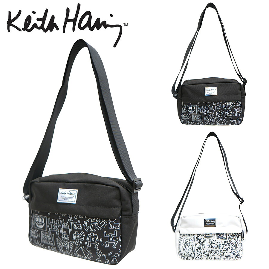 【KeithHaring】15805 横型ショルダーバッグ ショルダー 斜めがけ 軽量 キースヘリング ユニセックス 男女兼用 ブラック ホワイト 使いやすい かわいい ストリート 普段使い 便利 中学生 高校生 大学生