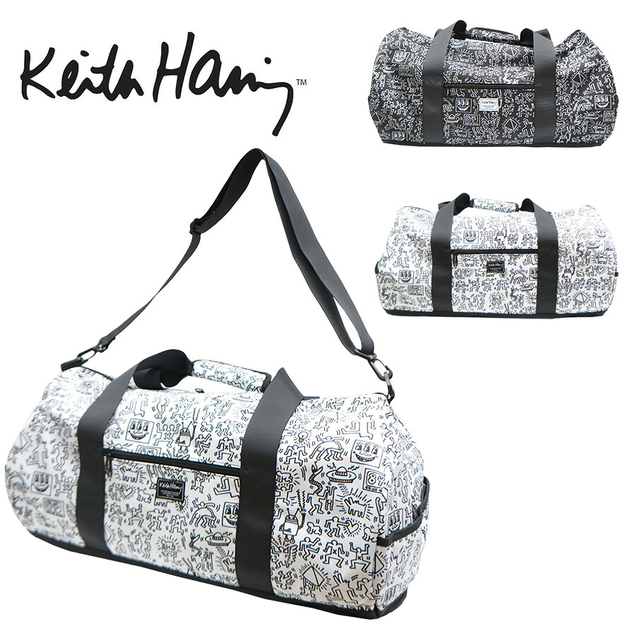 【KeithHaring】15807 2WAYダッフルバッグL 鞄 ボストンバッグ 部活 旅行 修学旅行 キースヘリング ユニセックス 男女兼用 ブラック ホワイト 使いやすい かわいい ストリート 便利 中学生 高校生 大学生