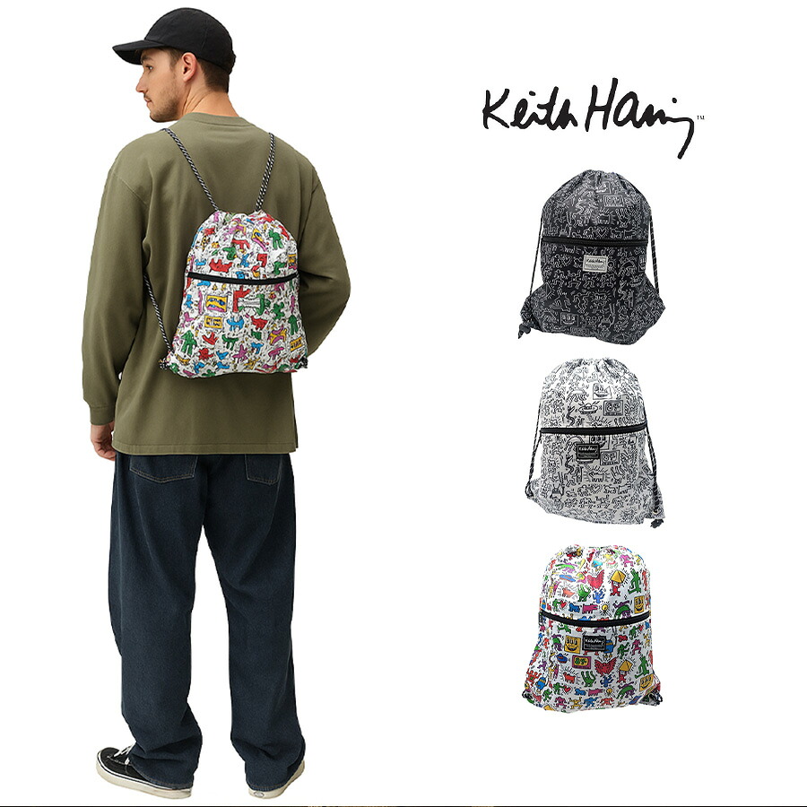 KeithHaring ナップサック リュック 軽量 コンパクト バッグ 鞄 カバン かばん 普段使い ユニセックス メンズ レディース プレゼント ギフト ブラック 15809