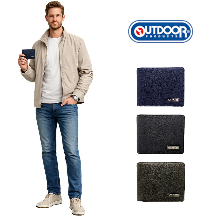 OUTDOORPRODUCTS メタルプレート エイジング合皮 二つ折り財布 折り財布 普段使い 使いやすい シンプル メンズ 父の日 ギフト プレゼント ブラック 22469101