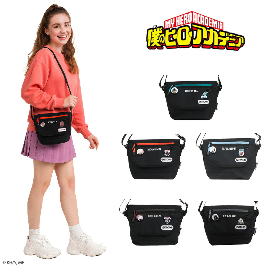【outdoor products】ha02 僕のヒーローアカデミア 缶バッチ付きフラップショルダー 緑谷出久 爆豪勝己 轟焦凍 死柄木弔