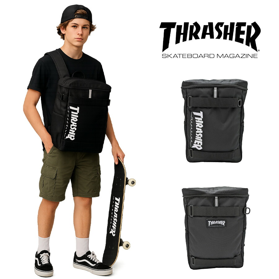 THRASHER thr289 BOXバックパック 20L リュック 大容量 リュックサック 通学 かばん 普段使い 女の子 男の子 子供 ジュニア キッズ プレゼント ギフト ブラック