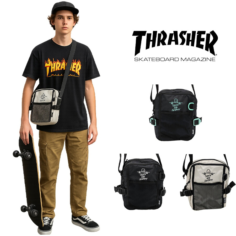 THRASHER thr300 縦型 ミニショルダーバッグ 斜め掛け 斜め掛けバッグ 小さめ かばん 普段使い ユニセックス レディース メンズ プレゼント ギフト ブラック