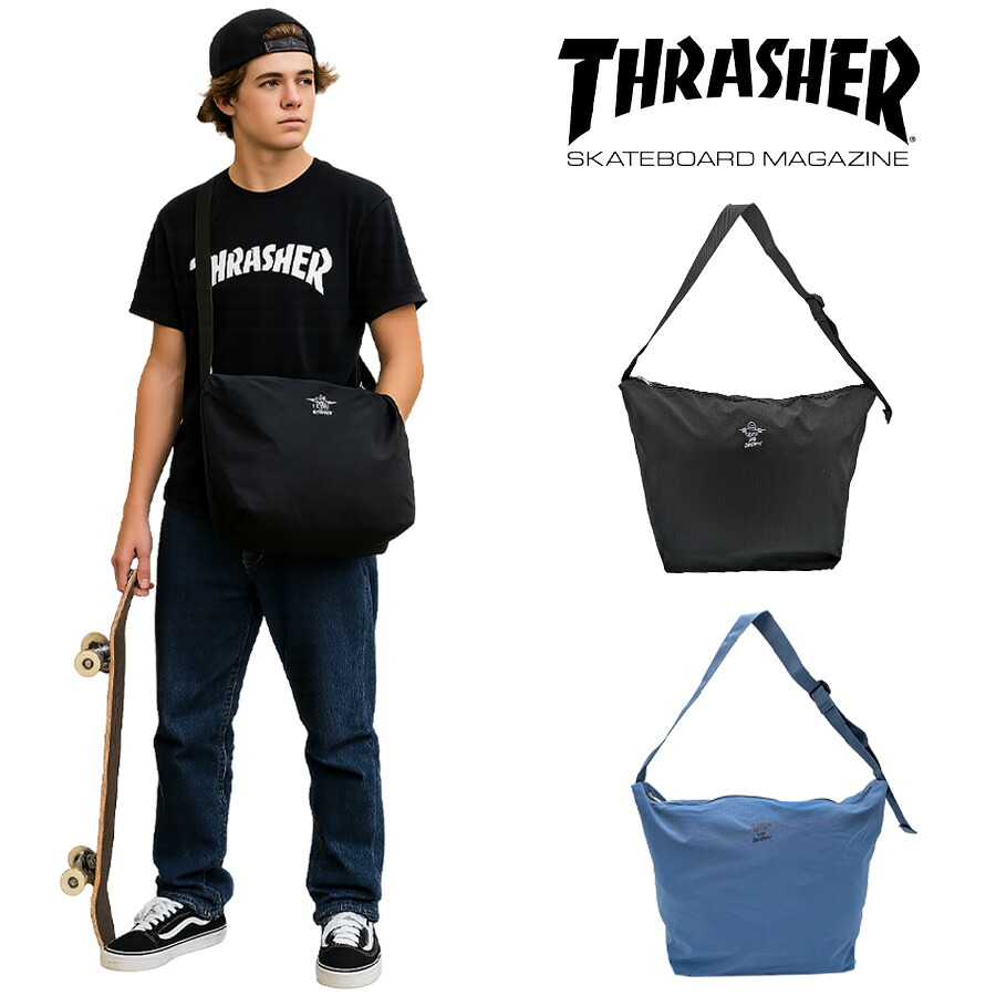 THRASHER thr307 ショルダーバッグL 斜め掛け 斜め掛けバッグ 大容量 かばん 普段使い ユニセックス レディース メンズ プレゼント ギフト ブラック
