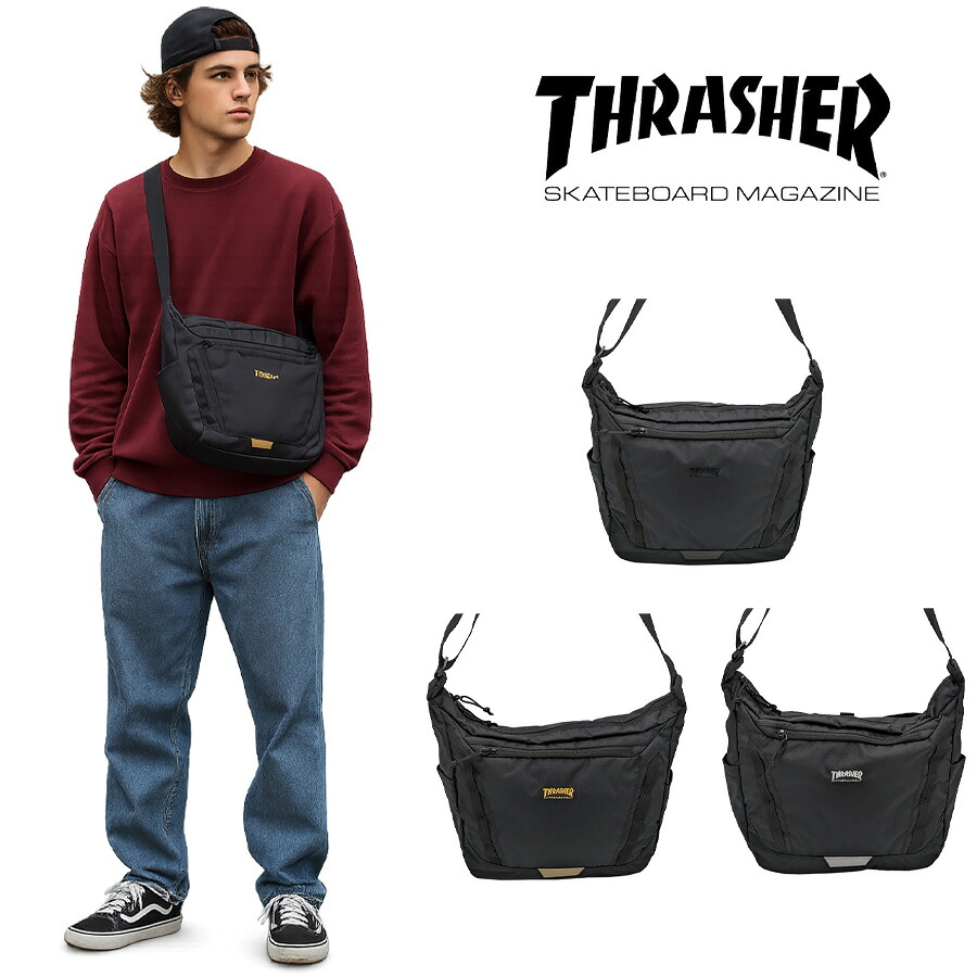 THRASHER thr314 ショルダーバッグ 斜め掛け 斜め掛けバッグ 大容量 軽量 撥水 かばん 普段使い ユニセックス レディース メンズ プレゼント ギフト ブラック