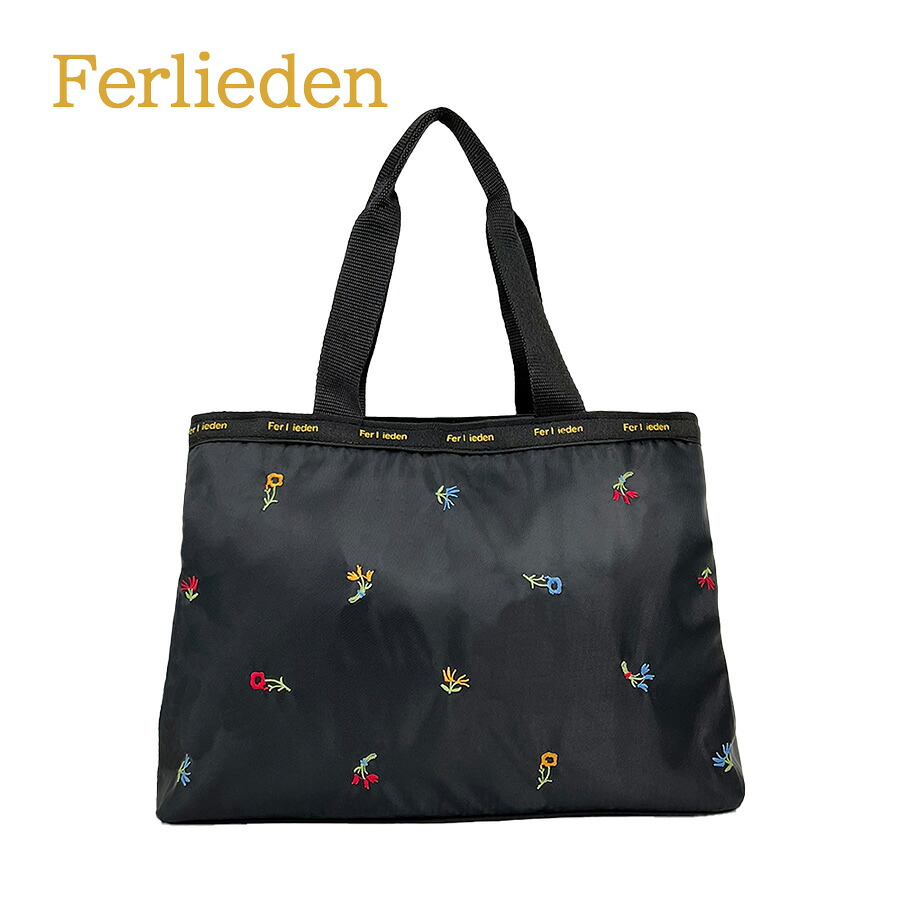 【Ferlieden】4799 刺繍 手提げ バッグ フェアリーデン ししゅう 猫 花 かわいい ポイント おしゃれ プレゼント プチギフト 軽量 軽い ブラック レディース 母の日 敬老の日 誕生日 記念日 使いやすい ポケット